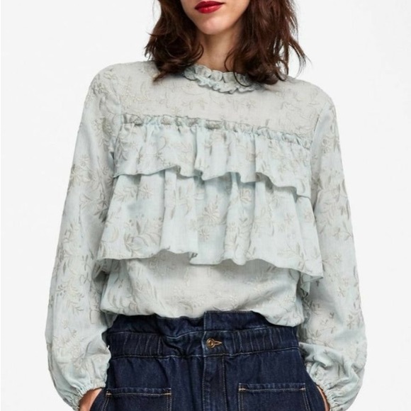 Zara Tops Zara Embroidered Ruffle Blouse L Gray Cottagecore Poshmark